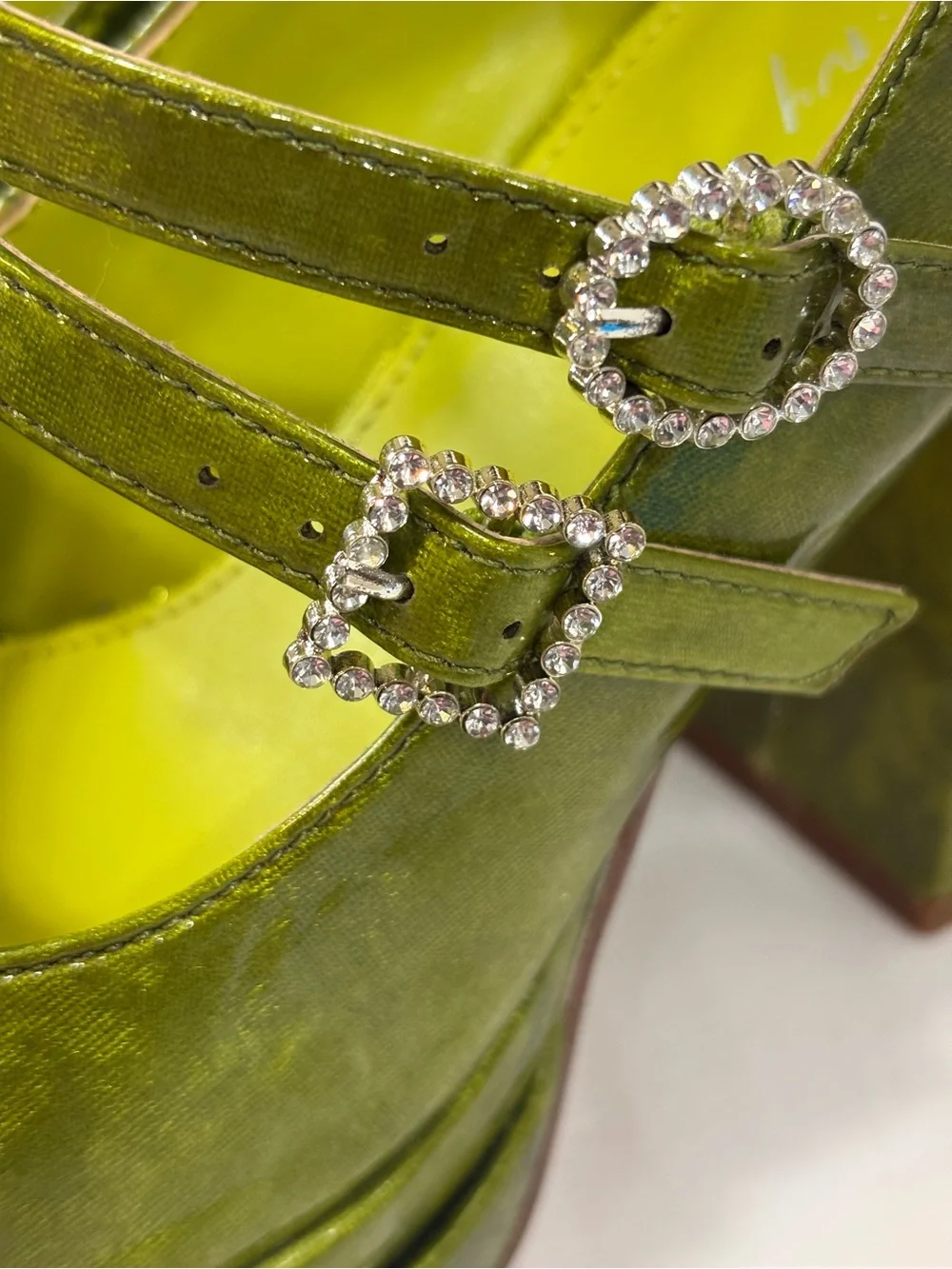 CIRCUS Chartreuse Patent Platform Mary Jane Pumps Crystal Buckles 6.5 EUC $159